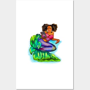 Mermaid Afro Mermaid - Coco the Magical rainbow mermaid and phone - brown eyes, Afro hair in two puffs and caramel brown skin - light background Posters and Art